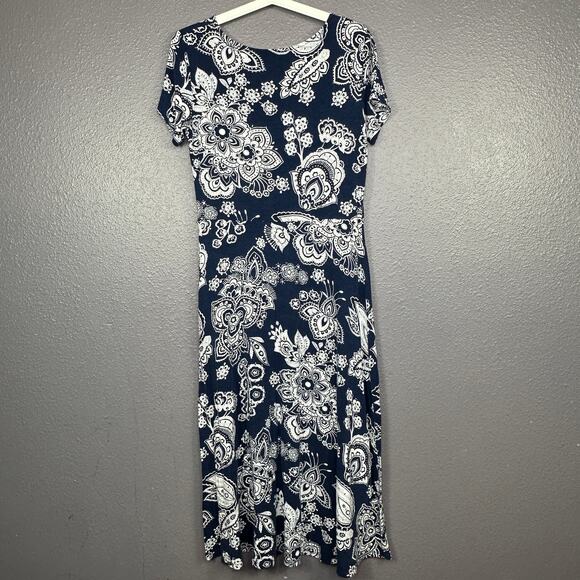 Talbot Paisley Midi Dress size Medium Blue White Pullover Stretch - Picture 2 of 5